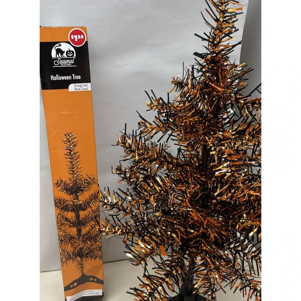 Mini Halloween Tinsel Tree Orange & Black  for Desk ,Tabletop 18